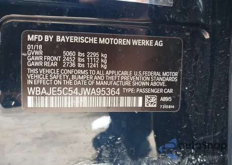 2018 BMW 540I из США, поврежденный, VIN WBAJE5C54JWA95364